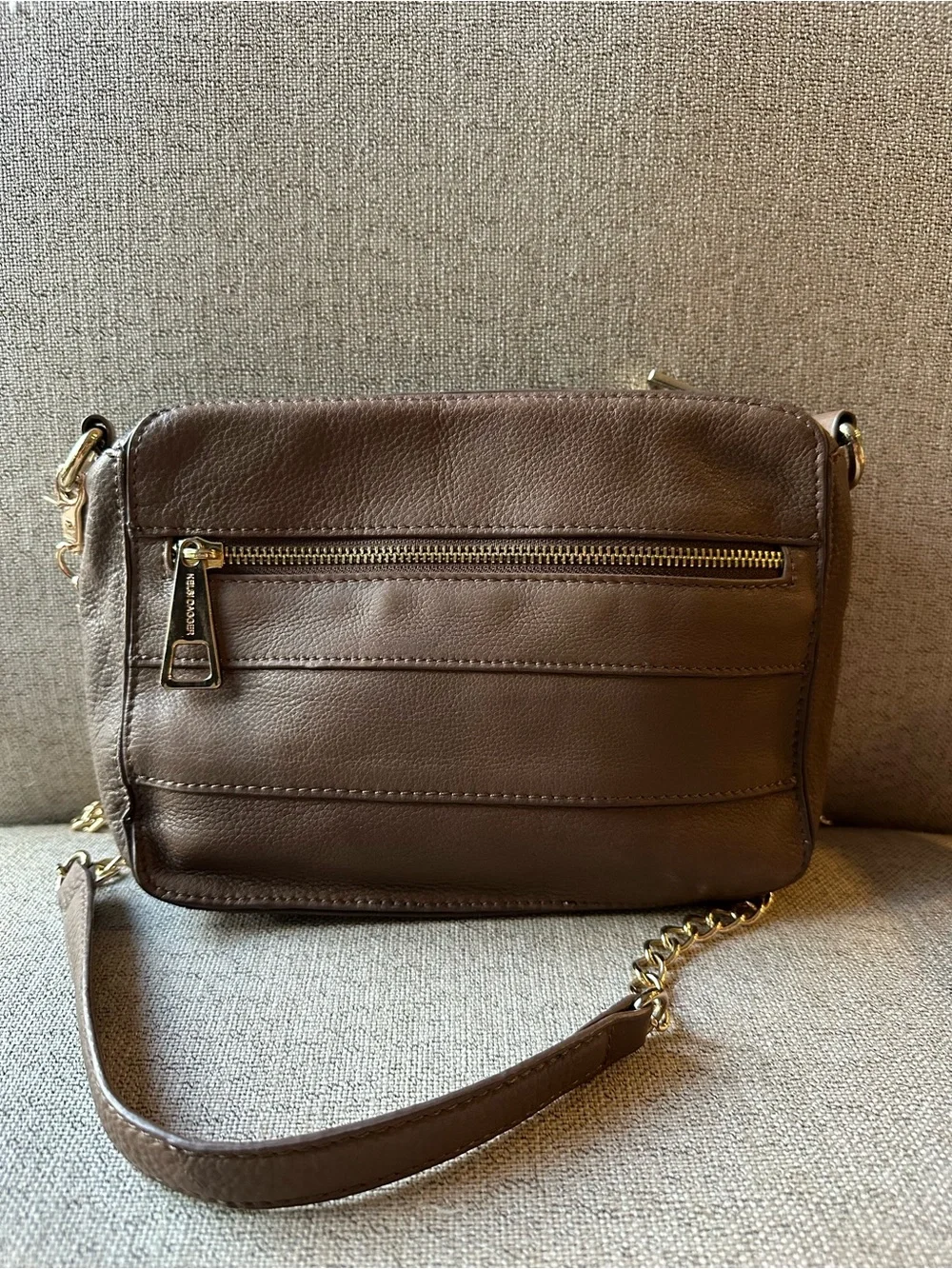 Kelsi Dagger Brown Leather Crossbody Bag with Gold Stud Accents and Chain Strap